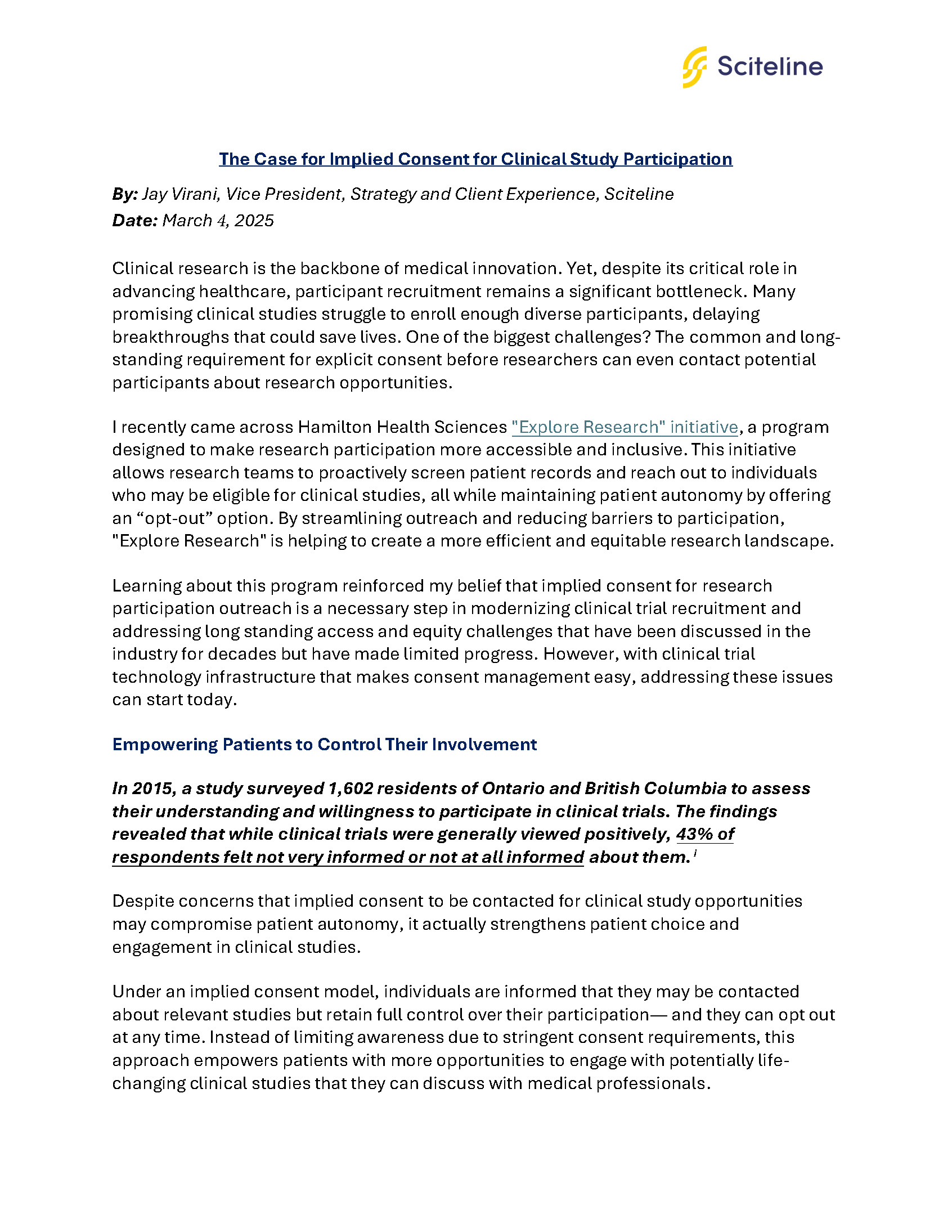 The Case for Implied Consent for Clinical Study Participation